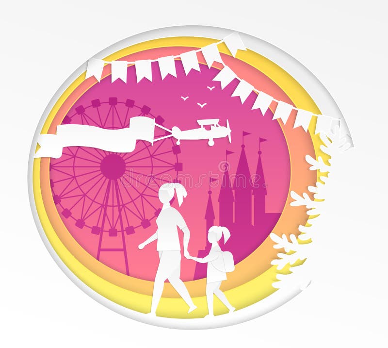 Amusement park - modern vector paper cut illustration on white background. High quality composition with mother and daughter going to the funfair with big wheel. Entertainment concept. Amusement park - modern vector paper cut illustration on white background. High quality composition with mother and daughter going to the funfair with big wheel. Entertainment concept