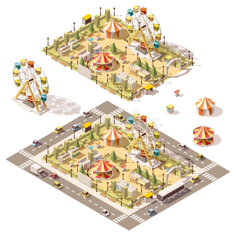 Parque de diversões poli isométrico do vetor baixo ilustração stock Parque de diversões poli isométrico do vetor baixo ilustração stock