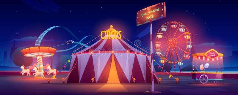 Amusement park at night. Carnival circus tent, ferris wheel, roller coaster, carousel and candy cotton booth with glow illumination. Festive fair entertainment attractions. Cartoon vector illustration. Amusement park at night. Carnival circus tent, ferris wheel, roller coaster, carousel and candy cotton booth with glow illumination. Festive fair entertainment attractions. Cartoon vector illustration