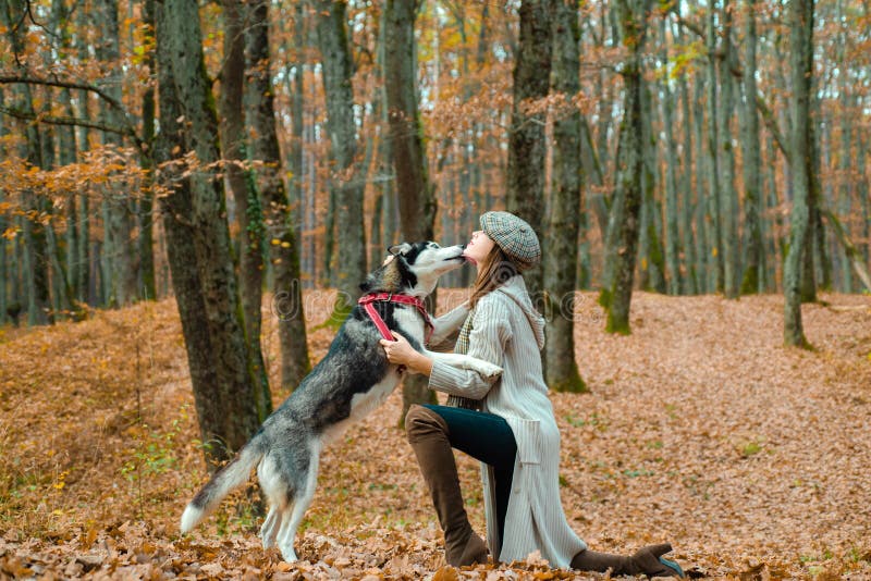 Parque del womanin del otoño Mujer joven hermosa que juega con el perro fornido divertido al aire libre en el parque Tiempo del o