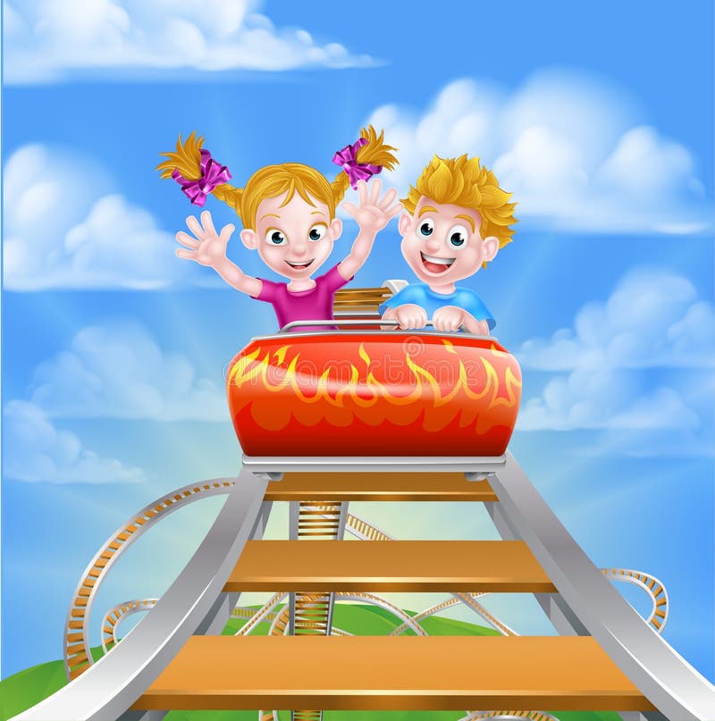 Cartoon boy and girl children riding on a roller coaster ride at a theme park or amusement park. Cartoon boy and girl children riding on a roller coaster ride at a theme park or amusement park