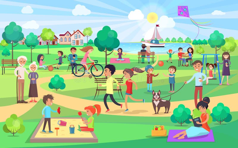 Park activities vector illustration. Kids play together on swings with kite, couples on benches and jogging, man with dog, women do yoga and read book. Park activities vector illustration. Kids play together on swings with kite, couples on benches and jogging, man with dog, women do yoga and read book