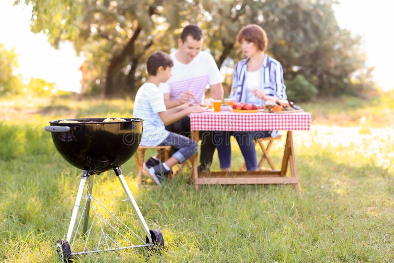 Parrilla de la barbacoa con la comida sabrosa cerca de la familia que tiene comida campestre en parque foto de archivo libre de regalías Parrilla de la barbacoa con la comida sabrosa cerca de la familia que tiene comida campestre en parque foto de archivo libre de regalías