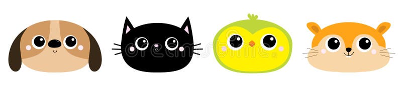 Parrot Dog Black Cat Hamster bird head face round icon set. Kitty kitten. Funny Kawaii animal. Big eyes. Kids print. Cute cartoon