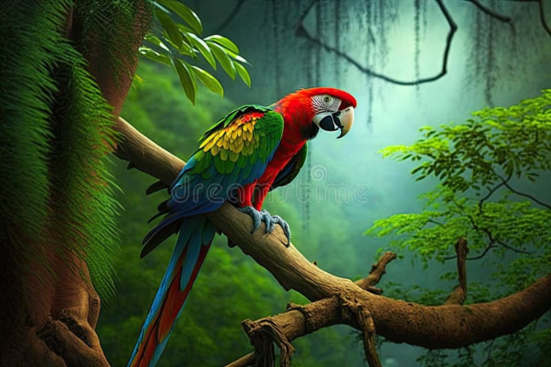 Parrot Perched on Tree Branch, Watching Jungle Go by Stock Photo