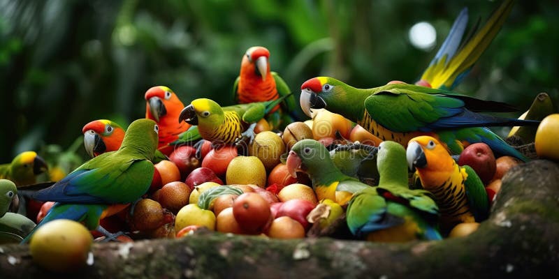 Parroter käbblar glatt över en kula med frukt och deras ljusa färger ett vibrerande skådespel mot den lush gröna från vektor illustrationer