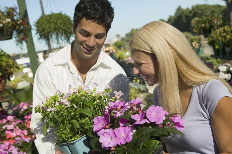 Parshopping för blommor i växtbarnkammare royaltyfri bild Parshopping för blommor i växtbarnkammare royaltyfri bild