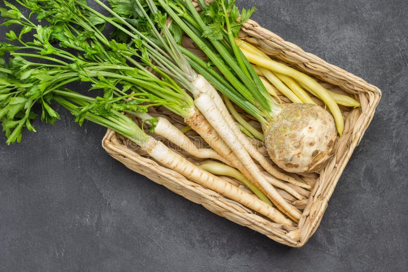 Parsley with Leaves and Roots, Celery Tuber with Leaves in Wicker