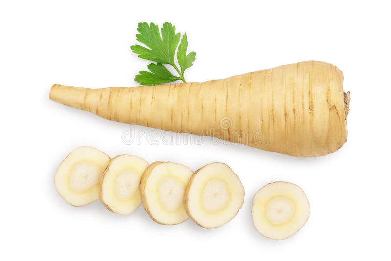 Parsnip Root and Slices with Parsley Isolated on White Background with