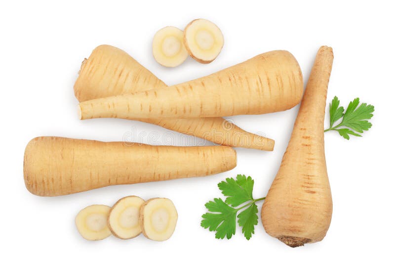 Parsnip Root and Slices with Parsley Isolated on White Background with Clipping Path. Top View