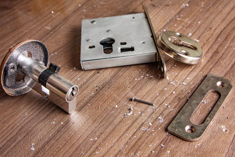 Part of Aluminium Door Locks Set. Assembly of Aluminium Door Lock for