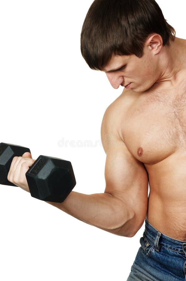 Part of a body the young man lifting dumbbells