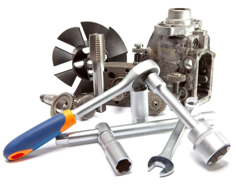 The Part of Car High Pressure Pump and the Tool for Repair Stock Photo