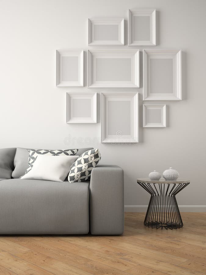 Part of interior with grey sofa and frames 3D rendering stock illustration