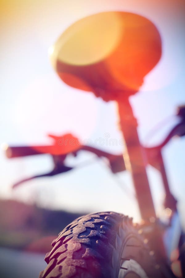 Part of mountain bike on rocky trail