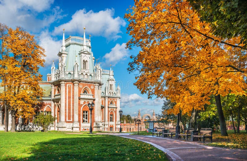 Part of the palace in Tsaritsyno in Moscow on a bright sunny autumn day and a great golden tree