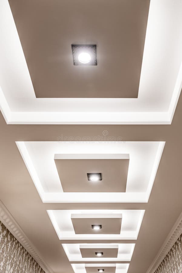 Part of the Plasterboard Ceiling Decorated with Ceiling Lights and LED