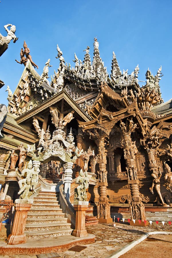 Part of Sanctuary of truth in Pattaya seen from entrance royalty free stock image Part of Sanctuary of truth in Pattaya seen from entrance royalty free stock image