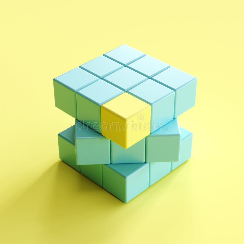 Parte amarela proeminente da borda no cubo dos rubik azuis em claro - fundo amarelo ideia mínima do conceito ilustração do vetor Parte amarela proeminente da borda no cubo dos rubik azuis em claro - fundo amarelo ideia mínima do conceito ilustração do vetor