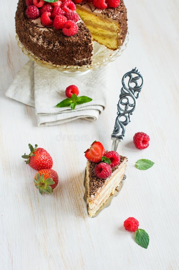 Parte de bolo de chocolate com bagas frescas fotos de stock Parte de bolo de chocolate com bagas frescas fotos de stock