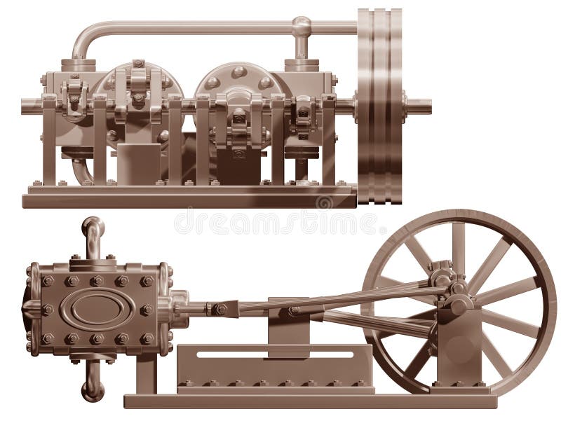 Original illustration of a steam engine front and side. Original illustration of a steam engine front and side