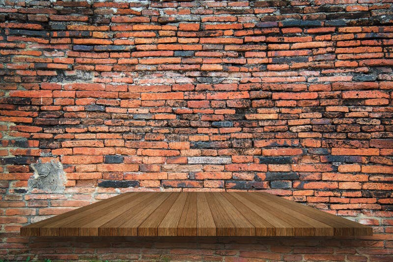 Empty top of wooden shelves on ancient old red brick grunge wall background, For product display. for put product on shelves. Empty top of wooden shelves on ancient old red brick grunge wall background, For product display. for put product on shelves.