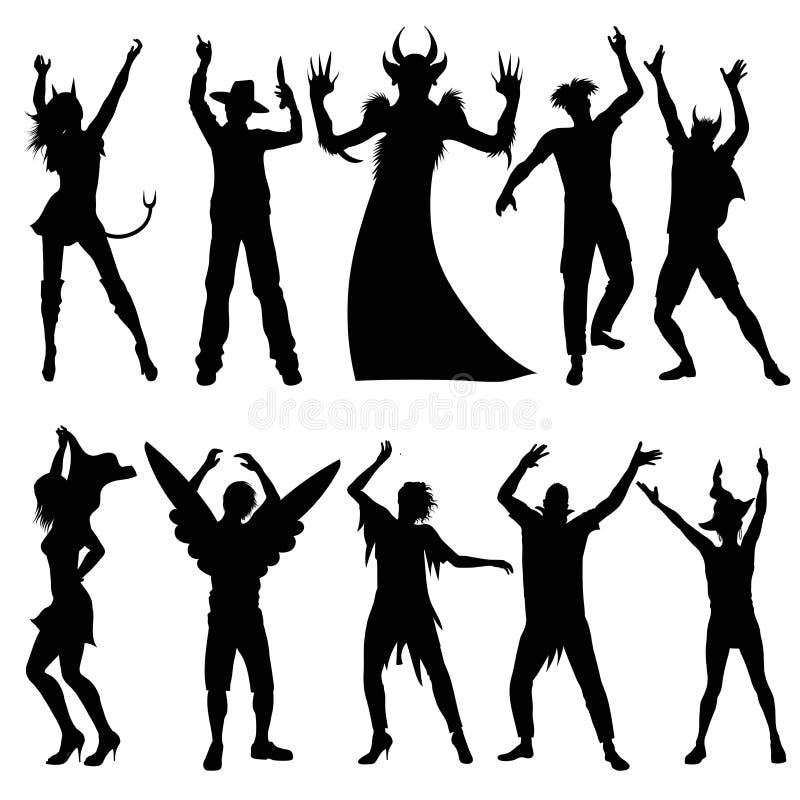 Party people silhouettes in halloween costumes on white background. Party people silhouettes in halloween costumes on white background