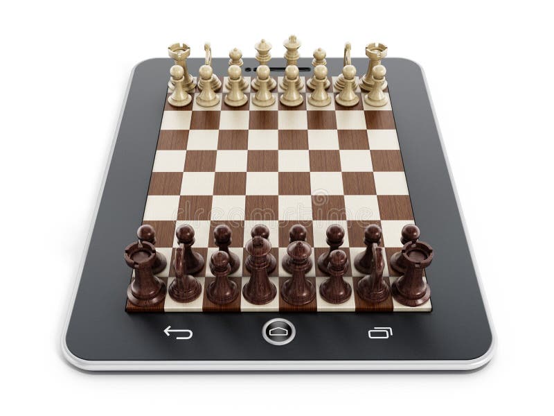 Xadrez sobre o tabuleiro de xadrez do tablet pc em um fundo branco