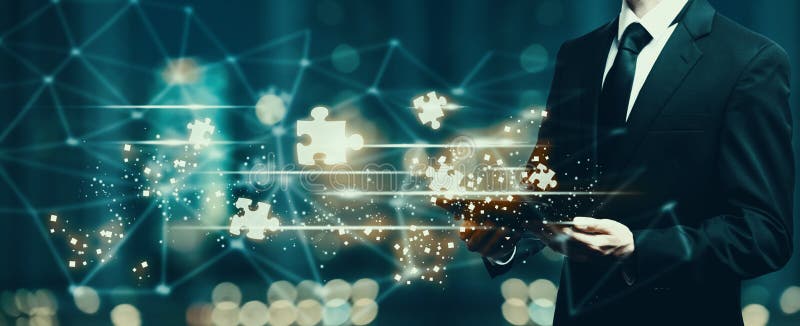 Peças de puzzle com um homem de negócios a segurar um tablet imagens de stock