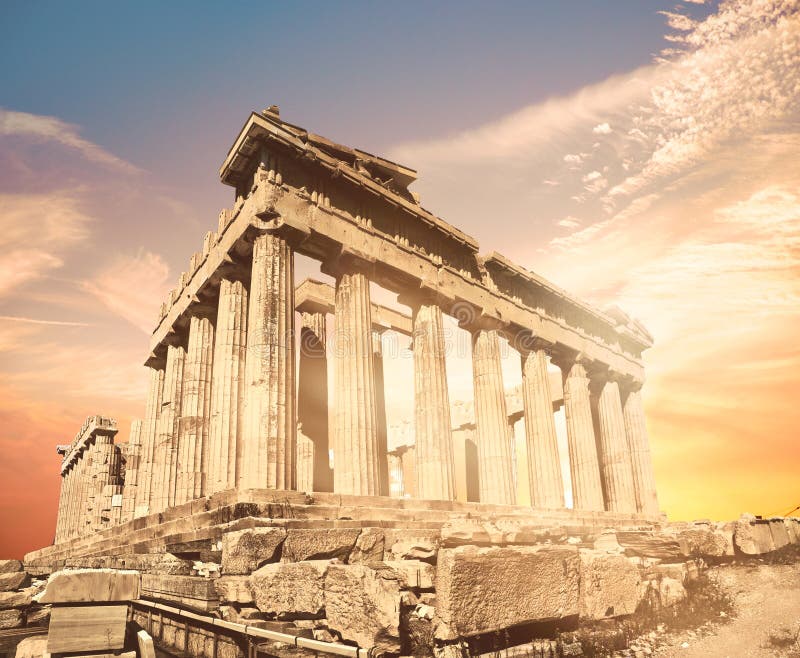 Parthenon Temple on Golden Sunset with Feather Clouds, Tinted Panoramic ...