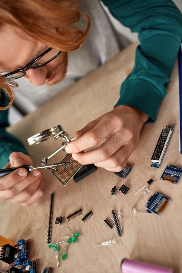 Partial Male Engineer Wear Glasses Solder Chip Stock Photo Image of