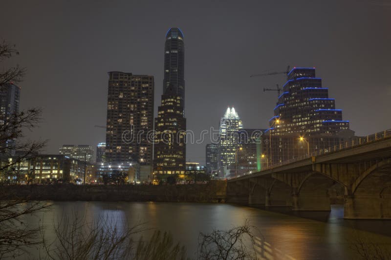 Partial skyline of Austin, Texas at night