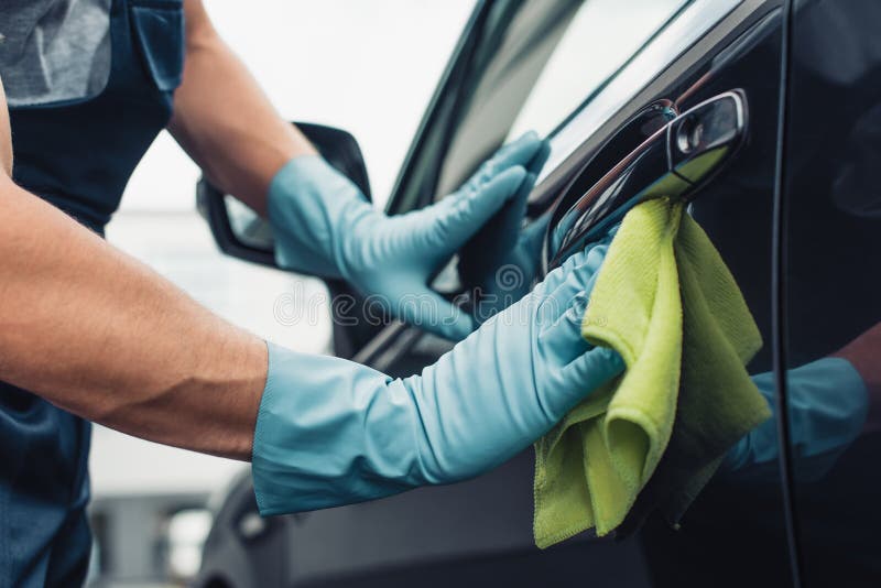 View of Car Cleaner Wiping Car Door with Rag Stock Image Image of