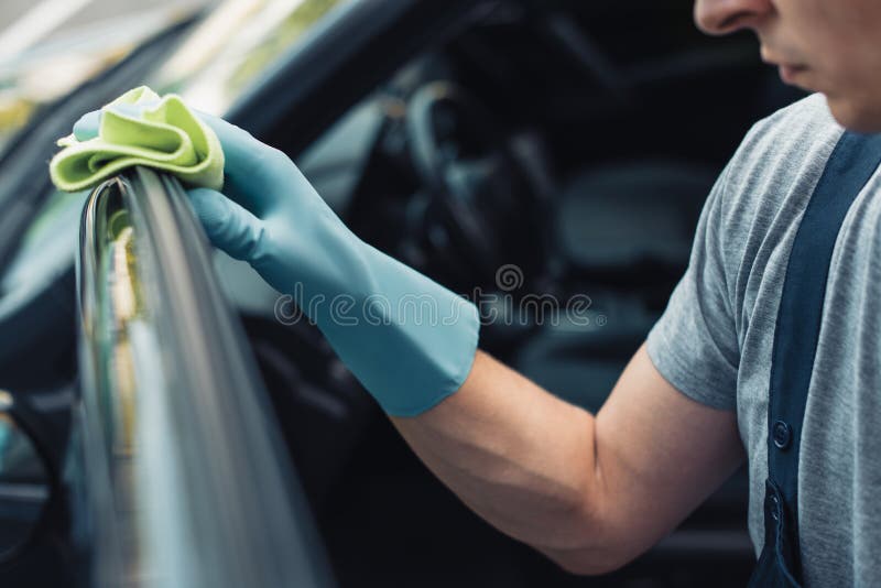 View of Car Cleaner Wiping Steering Wheel with Rag Stock Photo Image