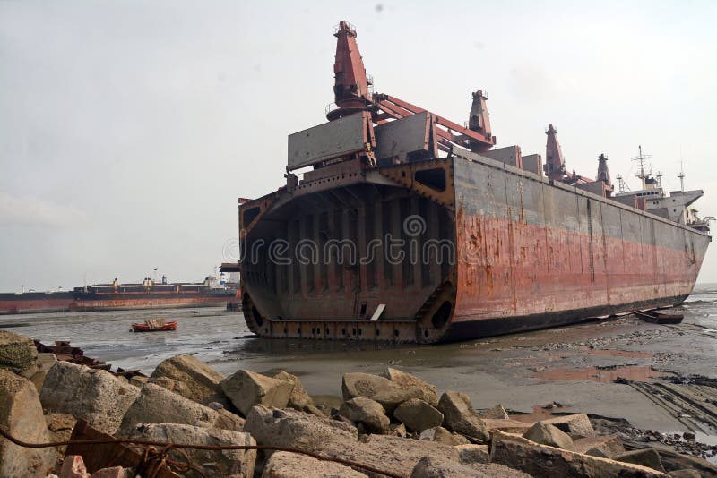Partially Broken Down Ocean Ships at a Shipbreaking Yard. Inside of
