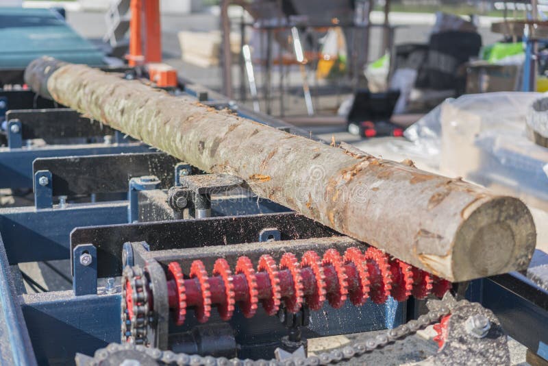 Partially milled log on a portable lumber milling machine. stock photo