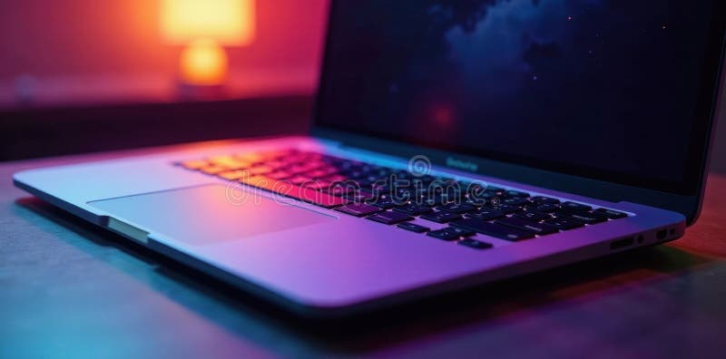 Partially open laptop, rainbow prism effect keyboard, shine, computer vector illustration