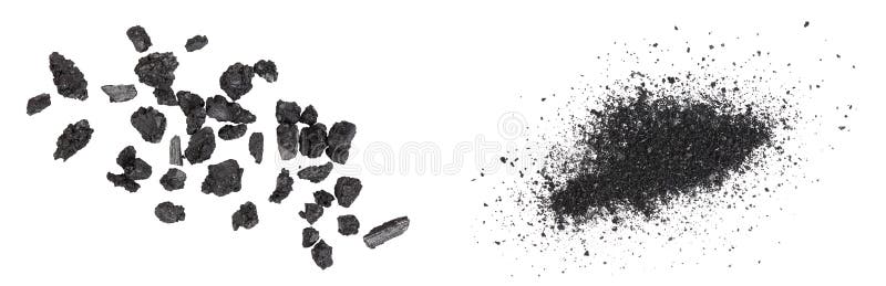 Particles of charcoal isolated on white background with full depth of field