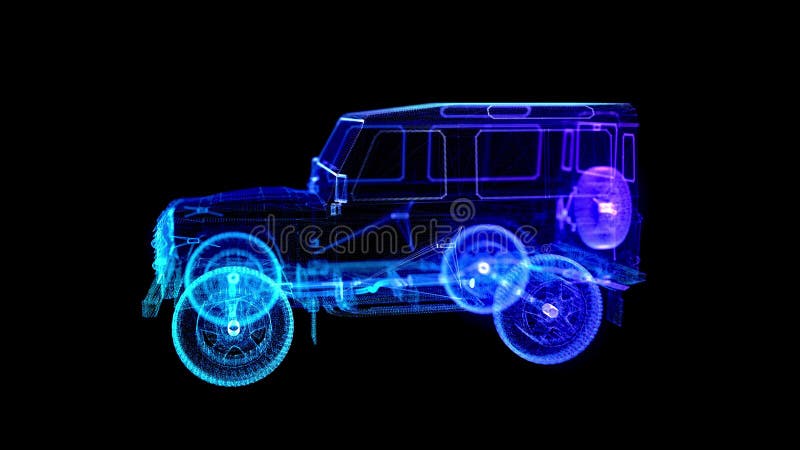 Particles formation of car. Seamless loop 4k animation. Digital car technology visualization of 3d stock illustration