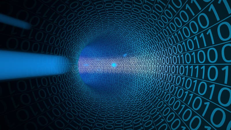 Particles moving through abstract blue tunnel made with zeros and ones. Computers, data transfer, digital technologies stock photography