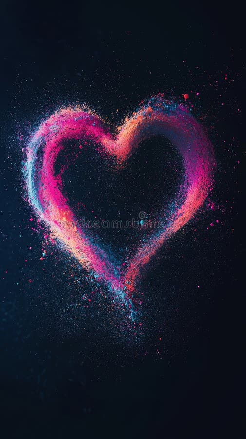 Particule de pulbere colorate care explodează și formează o formă cardiacă pe un fond întunecat, creând un vibrant și dinamic stock photos