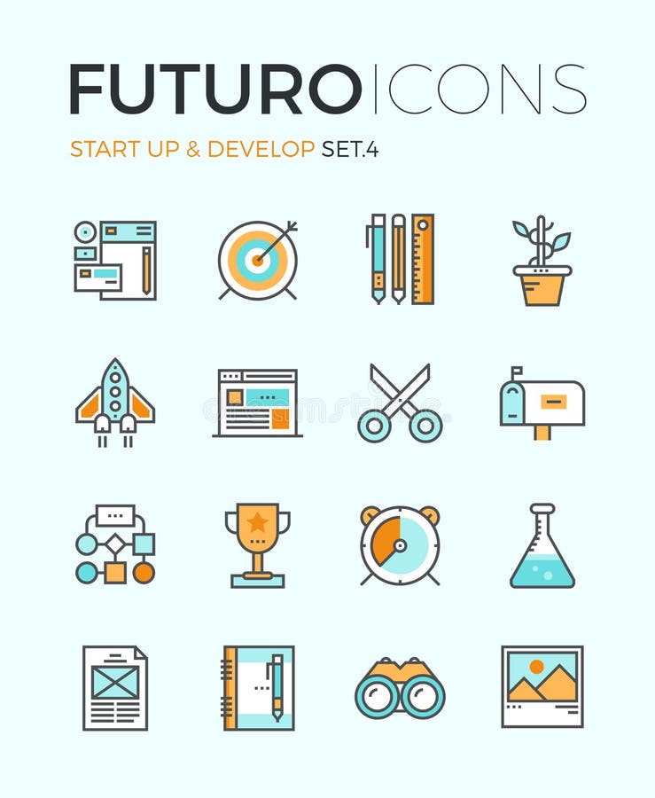 A partida desenvolve a linha ícones do futuro ilustração do vetor A partida desenvolve a linha ícones do futuro ilustração do vetor