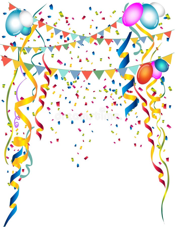 Festive party background of coiled streamers, confetti, form top down and colored balloons and flag garlands on white background with copy space for party and festival usage. Festive party background of coiled streamers, confetti, form top down and colored balloons and flag garlands on white background with copy space for party and festival usage