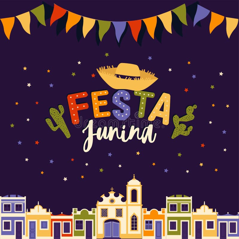 Partido de Brasil, noite brilhante de junho o fundo com casas coloniais, igreja, luzes e bandeiras coloridas e as palavras ilustração royalty free Partido de Brasil, noite brilhante de junho o fundo com casas coloniais, igreja, luzes e bandeiras coloridas e as palavras ilustração royalty free