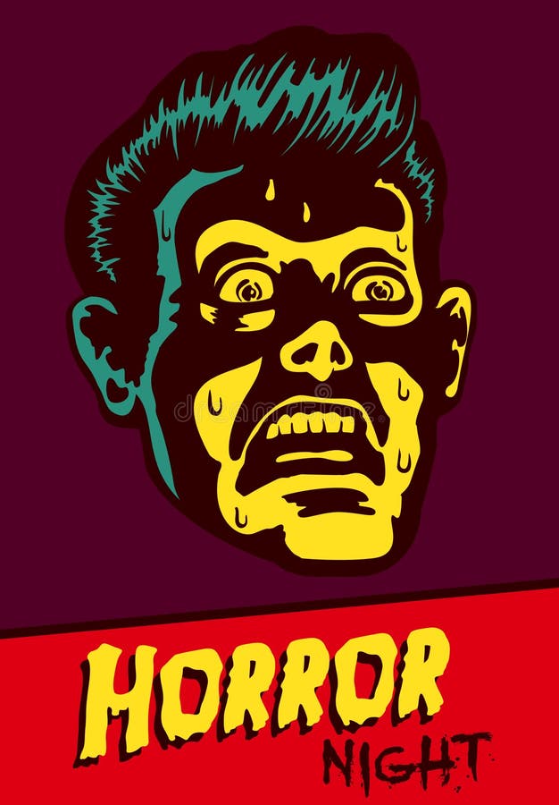 Partido de Halloween o diseño del aviador del evento de la noche de película con el hombre aterrorizado del vintage ilustración del vector Partido de Halloween o diseño del aviador del evento de la noche de película con el hombre aterrorizado del vintage ilustración del vector