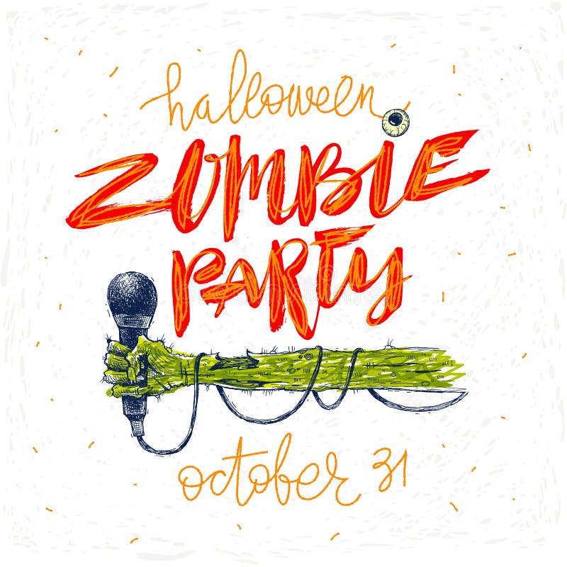Partido del zombi - ejemplo Tarjeta, cartel o invitación de felicitación de Halloween con el ejemplo y la caligrafía dibujados ma ilustración del vector Partido del zombi - ejemplo Tarjeta, cartel o invitación de felicitación de Halloween con el ejemplo y la caligrafía dibujados ma ilustración del vector