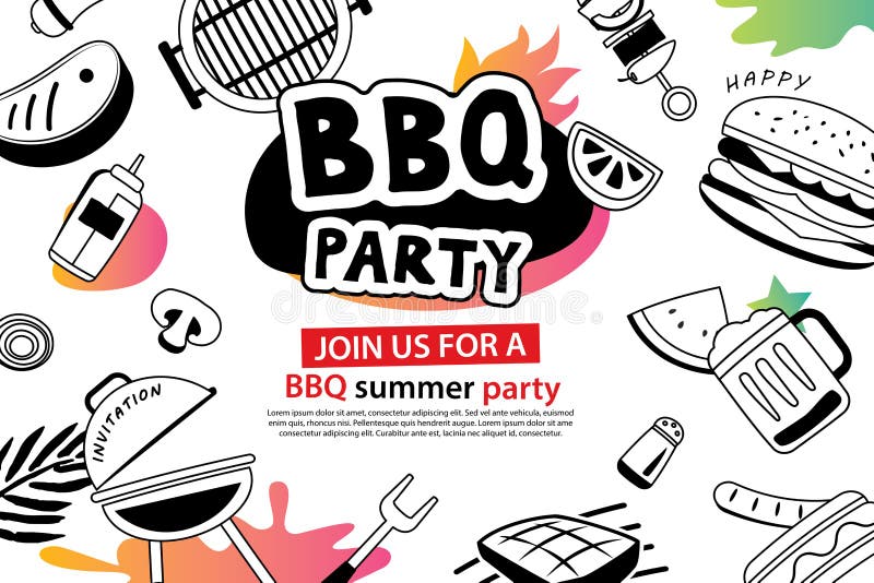 Partido do BBQ do verão no símbolo das garatujas e ícone dos objetos para o backgrou ilustração royalty free Partido do BBQ do verão no símbolo das garatujas e ícone dos objetos para o backgrou ilustração royalty free