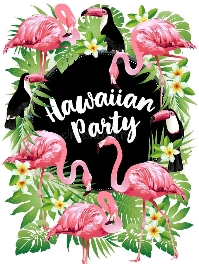 Partido havaiano Vector a ilustração de pássaros tropicais, flores, folhas ilustração royalty free Partido havaiano Vector a ilustração de pássaros tropicais, flores, folhas ilustração royalty free
