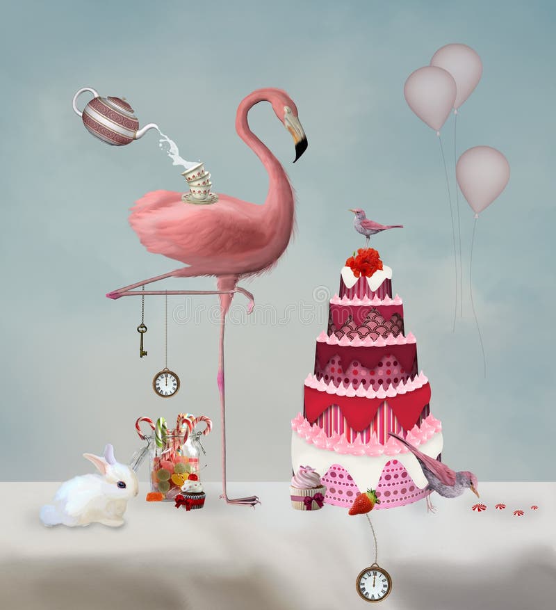Partido surreal do país das maravilhas com um flamingo cor-de-rosa ilustração do vetor