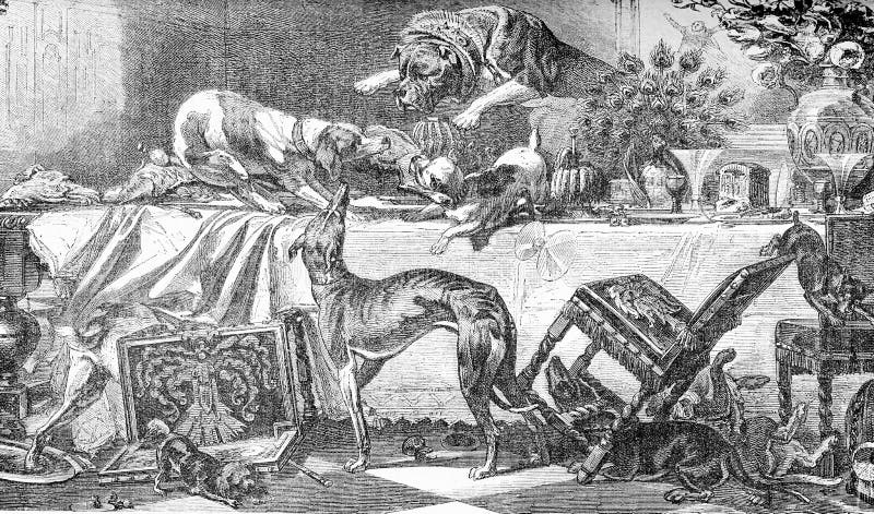 Dog team party on a dining table plenty of enough goodies to fill them up, and turning the room upside down, vintage engraving. Dog team party on a dining table plenty of enough goodies to fill them up, and turning the room upside down, vintage engraving